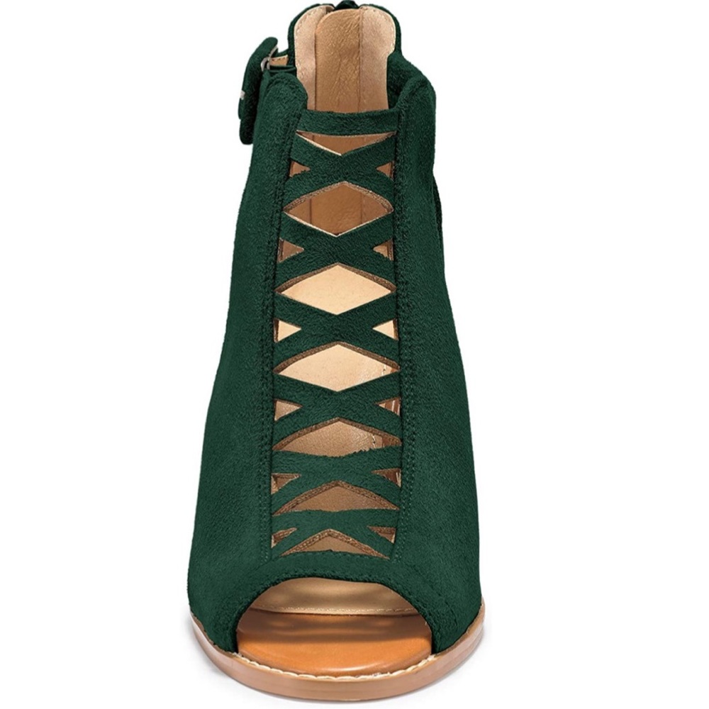 Ankle Strap Chunky Heels Vegan Suede Dark Green - Picture 6 of 7